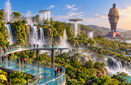 Proposed rainforest attraction with waterfalls and glass skywalk near the Statue of Unity in Gujarat