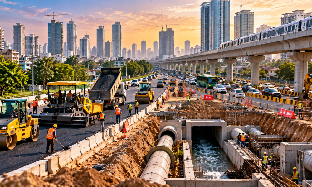 Road and drainage improvement work on an Indian city street.