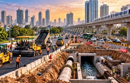 Road and drainage improvement work on an Indian city street.