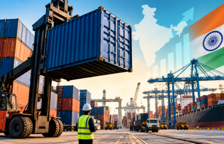 Shipping containers stacked at an Indian port terminal with cargo cranes and maritime logistics operations.