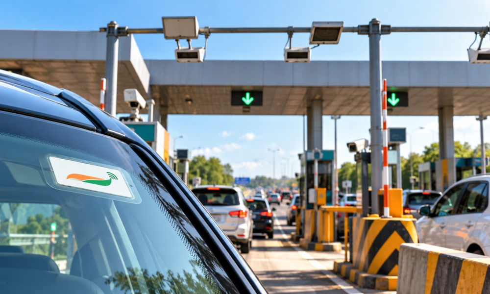 Car passing through a highway toll plaza using FASTag in India.