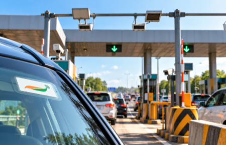 Car passing through a highway toll plaza using FASTag in India.