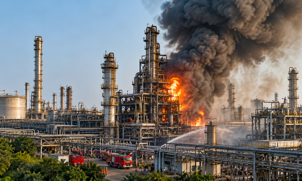Smoke rising from the Mangalore Refinery and Petrochemicals Ltd facility after a blast in Mangaluru