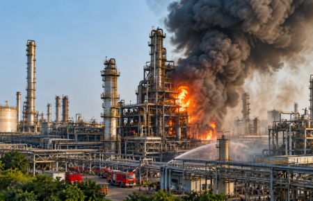 Smoke rising from the Mangalore Refinery and Petrochemicals Ltd facility after a blast in Mangaluru
