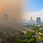 Delhi-NCR residential skyline under hazy air conditions, illustrating environmental concerns for homebuyers
