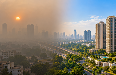 Delhi-NCR residential skyline under hazy air conditions, illustrating environmental concerns for homebuyers