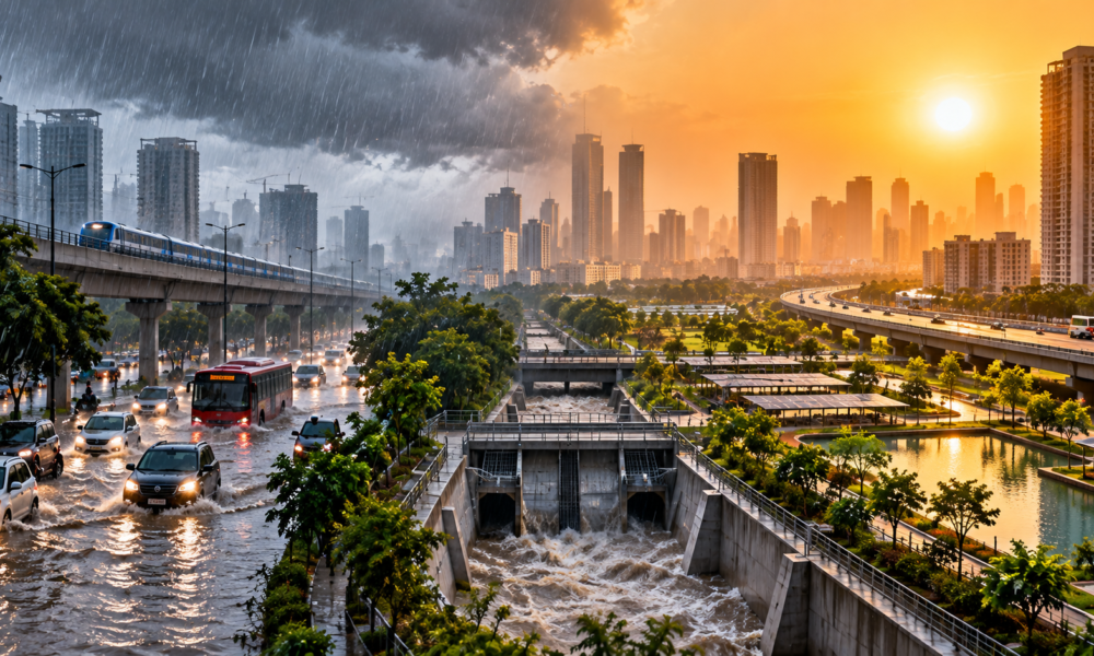 Indian city facing extreme rainfall and flooding with resilient urban infrastructure and drainage systems
