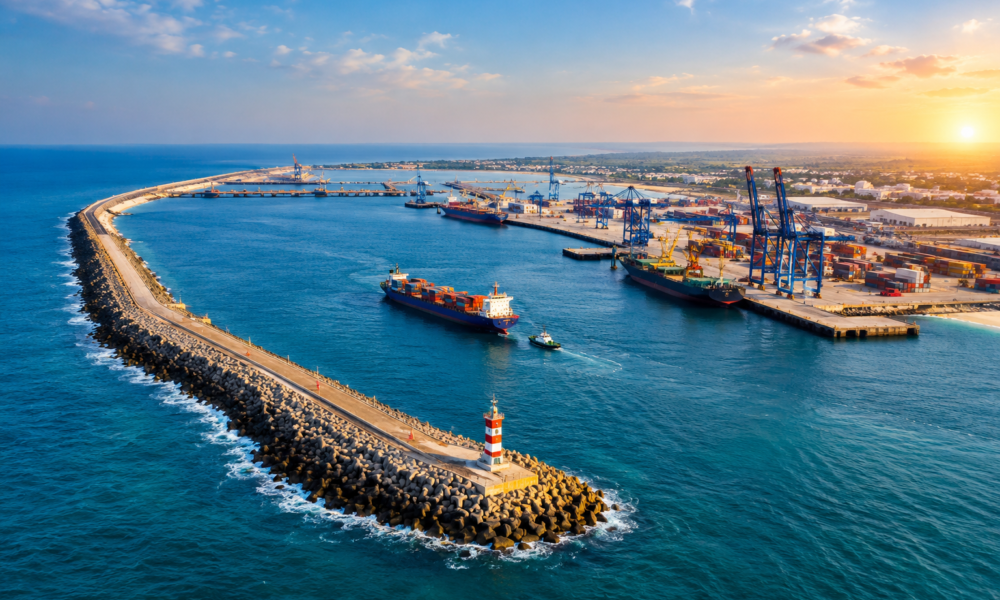 Container ships and cargo infrastructure at V.O. Chidambaranar Port in Thoothukudi.