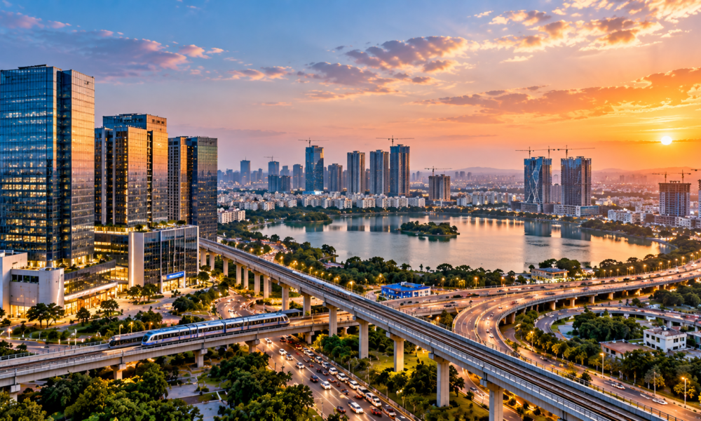 Hyderabad infrastructure development with metro and urban skyline